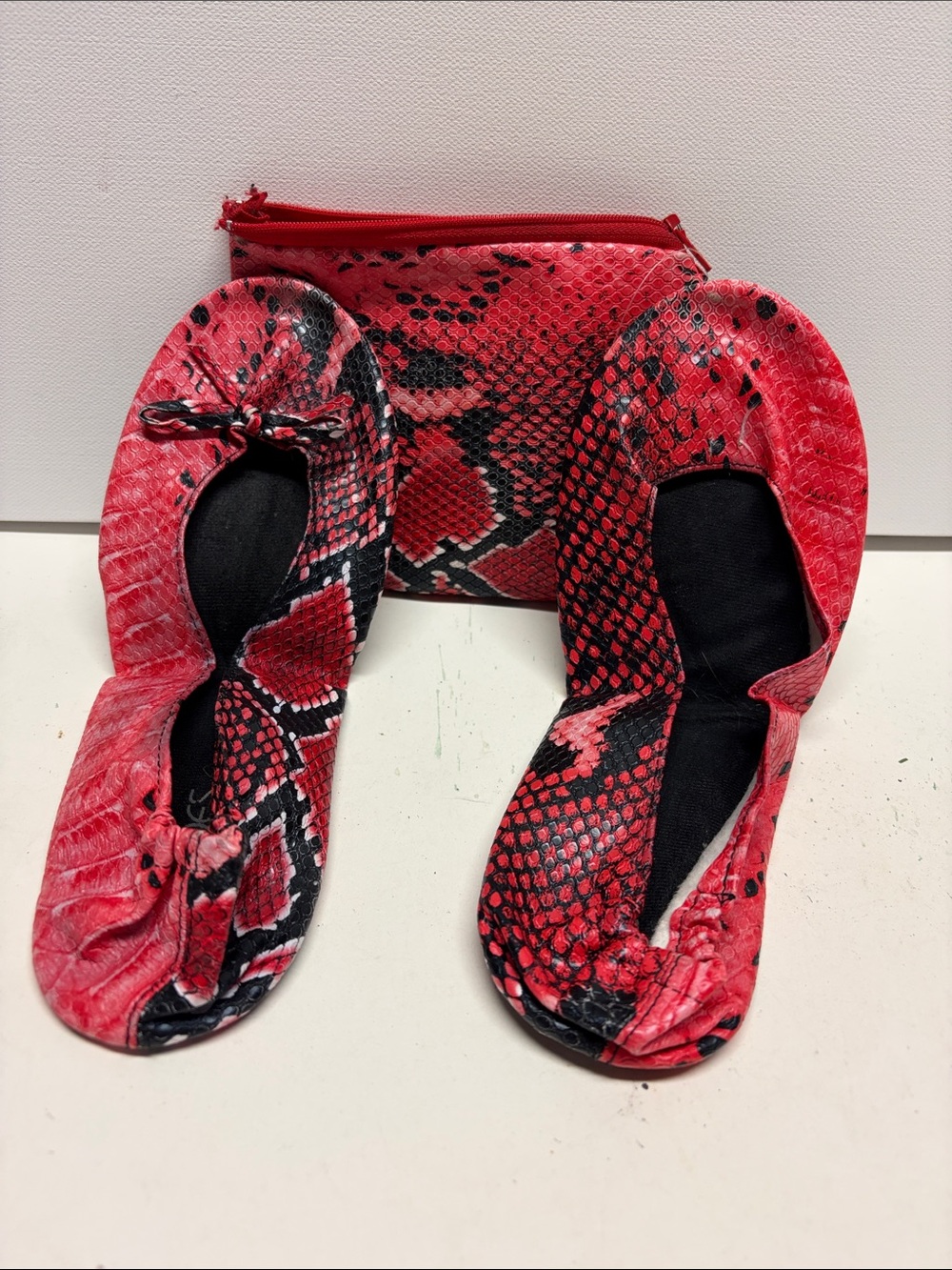 Red Snake-Print Travel Ballet Flats with Matching Pouch